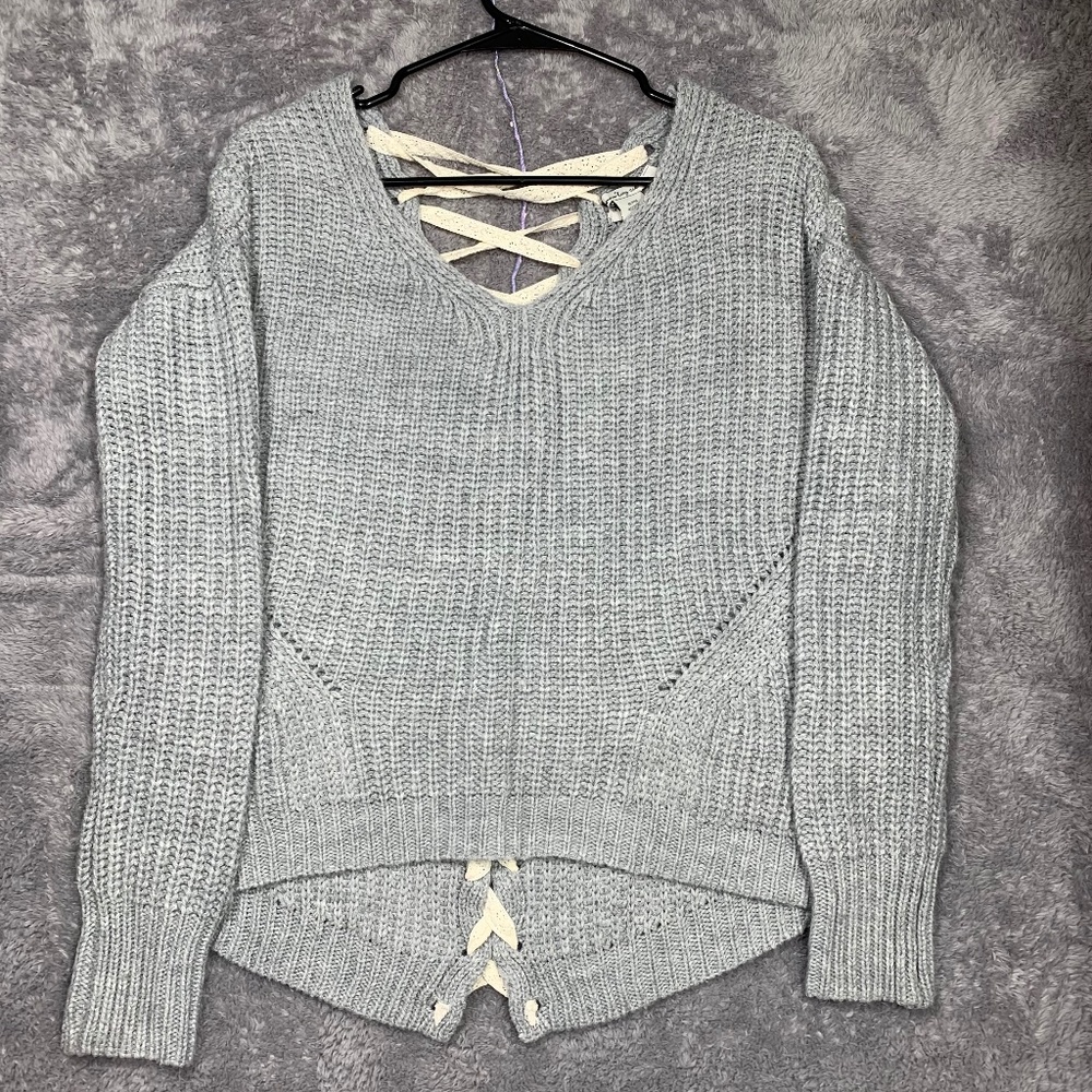 American Rag Cie Women's Gray Lace Up Back Sweater Size S Acrylic Long Sleeve